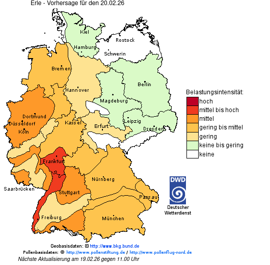 Deutschlandkarte mit Übersicht der Pollenbelastung