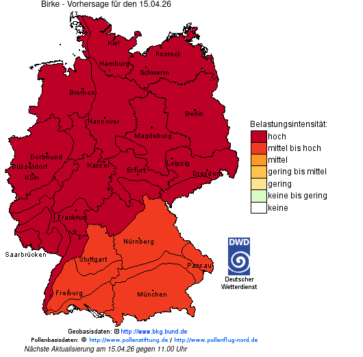 Deutschlandkarte mit Übersicht der Pollenbelastung