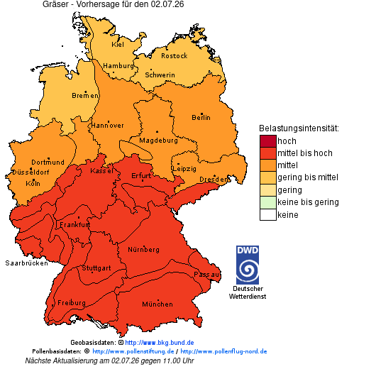 Deutschlandkarte mit Übersicht der Pollenbelastung