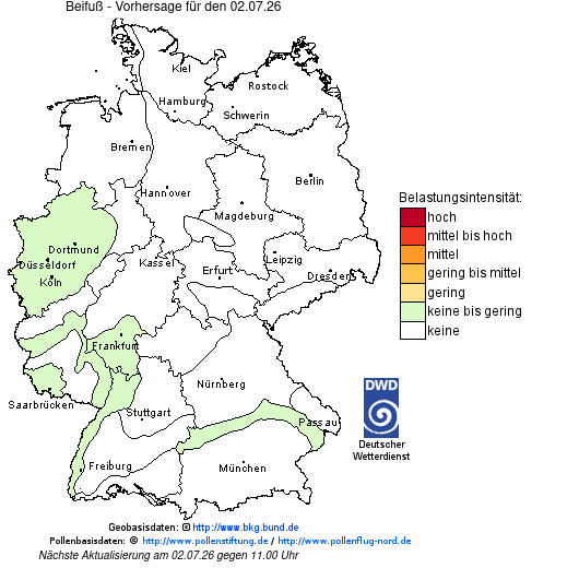 Deutschlandkarte mit Übersicht der Pollenbelastung