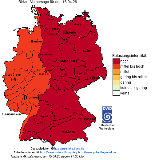 Deutschlandkarte mit Übersicht der Pollenbelastung