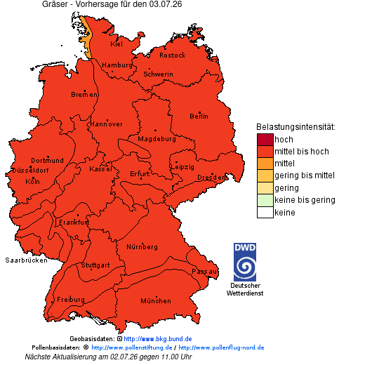 Deutschlandkarte mit Übersicht der Pollenbelastung